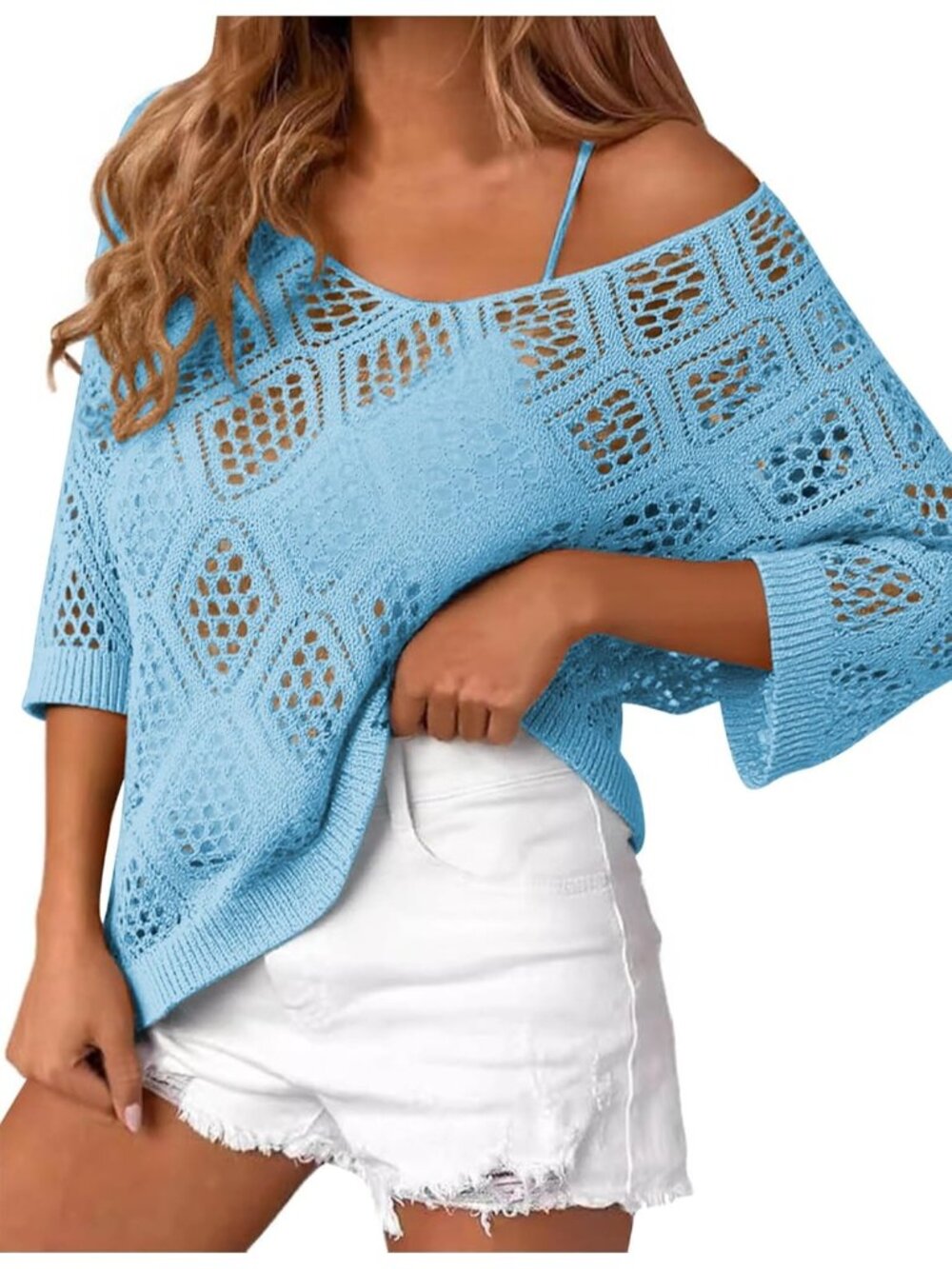 🆕Women's Light Blue Sleeve Crochet Tops Summer V Neck Beach Cover Ups Casual